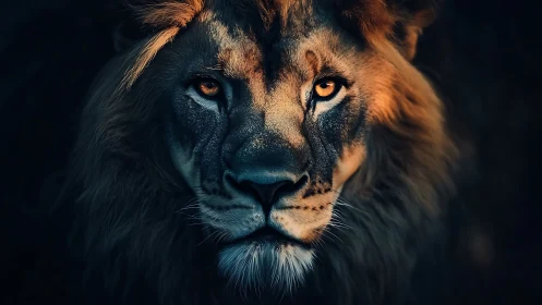Golden eyed lion emerges from shadow in moody close up