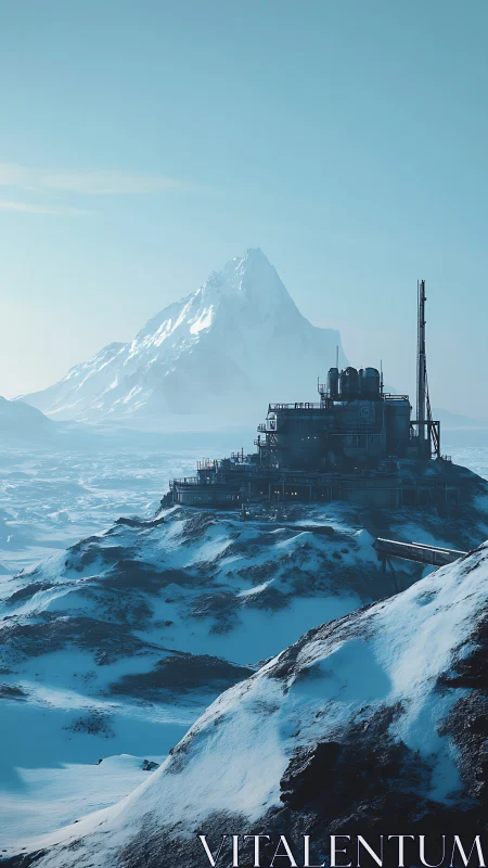 Isolated industrial base on frozen mountain landscape.