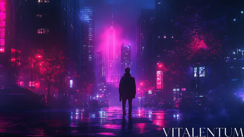 Solitary silhouette walks through neon-soaked cyberpunk avenue