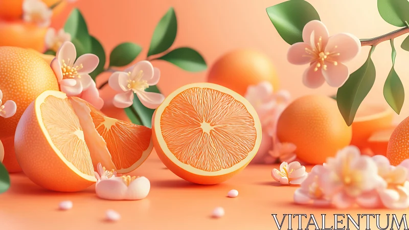 Digital citrus still life with orange blossoms on peach ground.