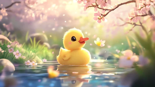 Springtime duckling in soft-focus blossom-lined stream light