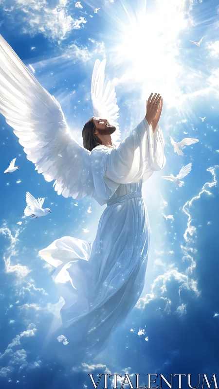 Radiant angel ascends through luminous clouds toward light.