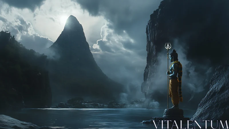 Nocturnal river deity sculpture beneath backlit monolithic peak.