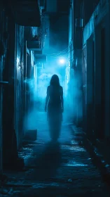 Silhouetted figure in blue fog walking through narrow alley