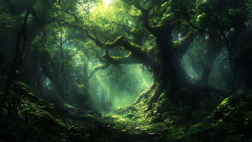 Enchanted forest corridor with radiant golden light.