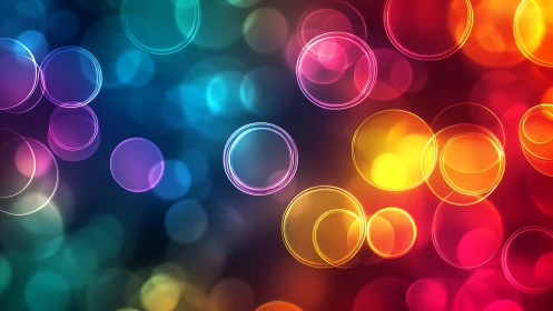 Colorful circles drift softly across a glowing rainbow blur