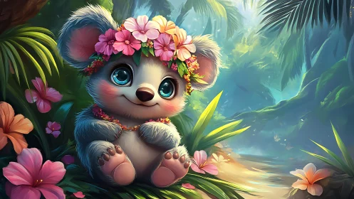 Cute koala character with flower crown in lush jungle scene