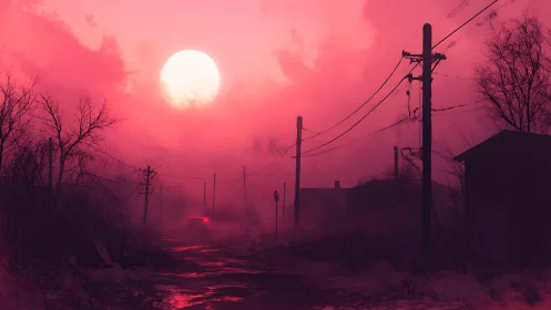 Neon red dusk engulfs a lonely road beneath a huge moon.