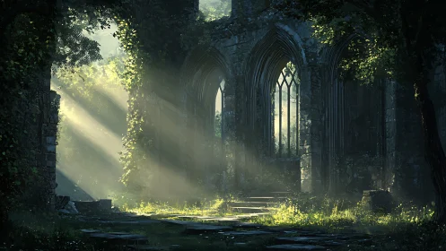 Overgrown stone ruins with pointed arches in woodland light.