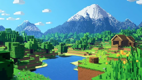 Voxel landscape shows lake, forest, cabin and snowy mountains