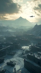 Snow-covered military settlement extends beneath distant peak