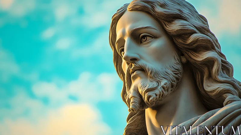 Stone statue of bearded man with long hair faces sky