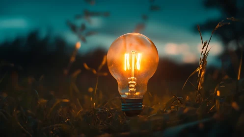 Incandescent filament bulb glowing in low-light meadow ecosystem.