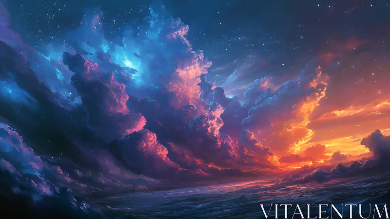 Nebula clouds argue in color over a burning twilight sea