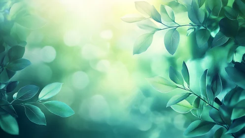 Sunlit green leaves drift softly in a tranquil bokeh haze
