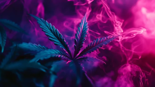 Cannabis leaf in magenta and blue smoke environment.