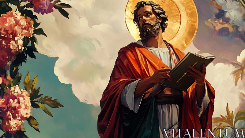 Saintly figure contemplates scripture beneath radiant skies