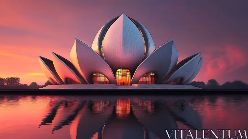 Lotus-shaped sunset temple mirrored on tranquil water.