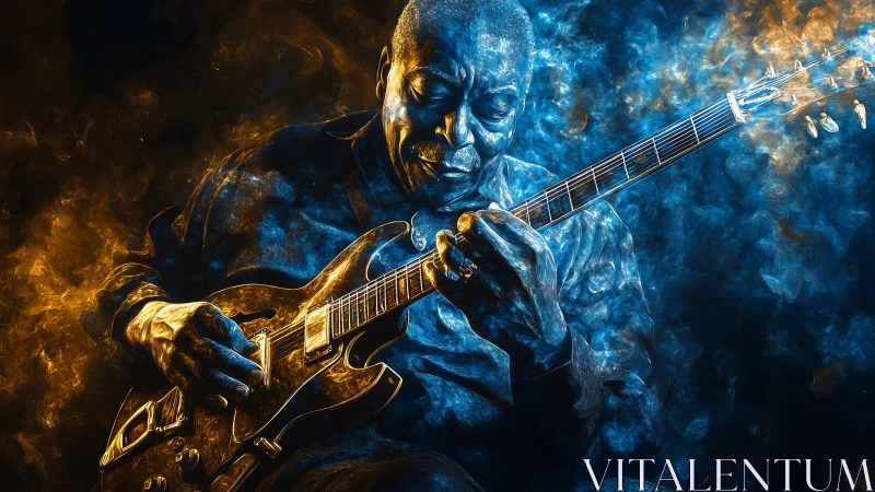 Electric blues guitarist in dual-tone fiery smoke abstraction