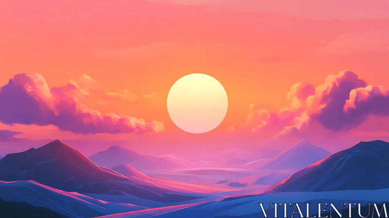 Radiant pastel sun settles gently over dreamlike ridges