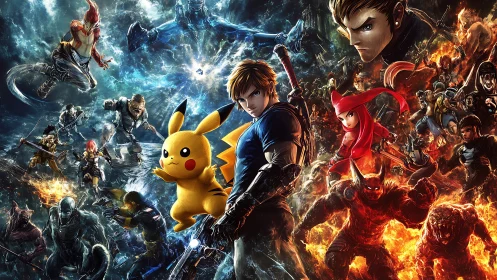 Crossover battle scene with central fighters and mascot figure.