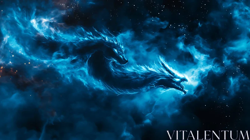 Celestial blue dragon blazes through a glowing cosmic storm