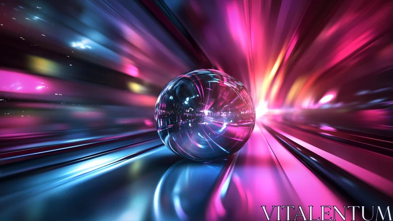 Futuristic Glass Sphere in Neon Tunnel, Digital Art Style.