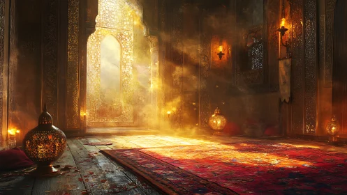 Golden light pours into an ornate Middle Eastern chamber