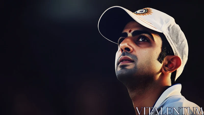 Portrait of a focused cricket player under dramatic stadium light
