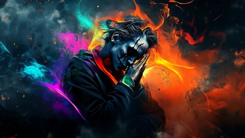 Hooded figure with painted face amid contrasting flames.