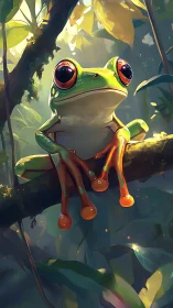 Curious red eyed tree frog rests on a sunlit jungle branch