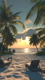 Tropical Beach Sunset Through Palm Trees. Golden Light