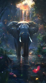 Mythic elephant in luminescent jungle waterfall tableau.