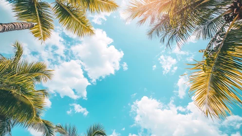 Tropical palm canopy frames bright cyan summer sky