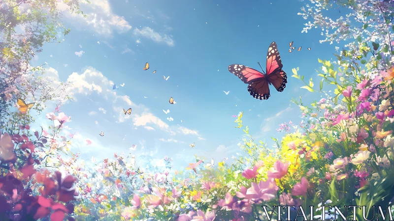 Butterflies above dense spring meadow under clear blue sky.