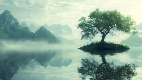 Solitary tree on misted lake island reflects in tranquil water