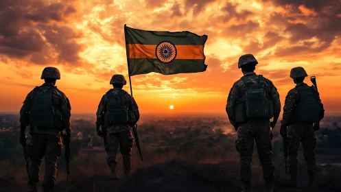 Indian soldiers stand guard under tricolor flag at sunset