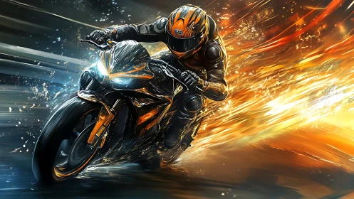Fire-trail superbike carves molten light through midnight streets