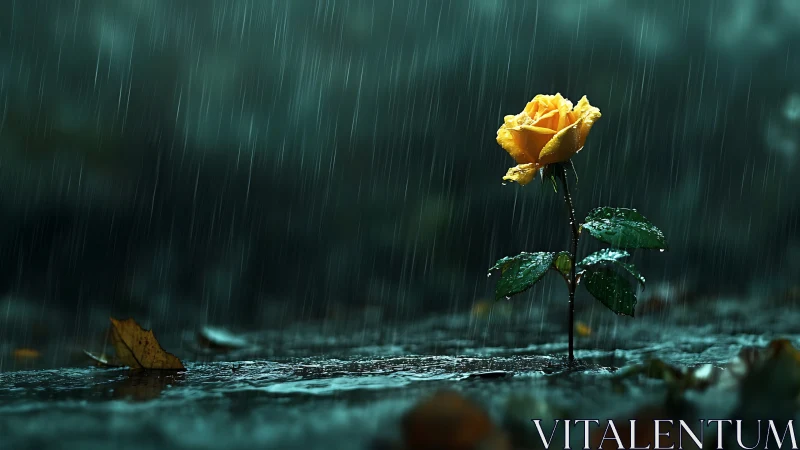 Yellow rose in heavy rainfall on wet asphalt with bokeh depth