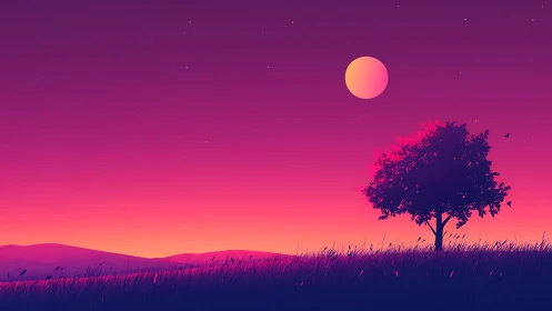 Lonely tree silhouettes under neon gradient twilight sky