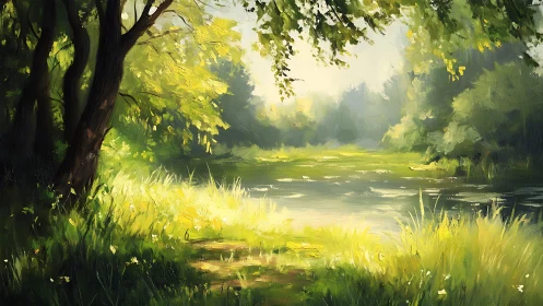 Sunlit forest edge overlooking calm green woodland lake.