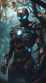 Armored guardian strides through a quiet, glowing forest path