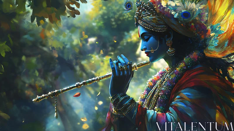 Blue-skinned figure plays flute in dense, diffused forest light
