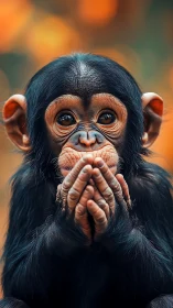 Close-up portrait of young chimpanzee with hands together.