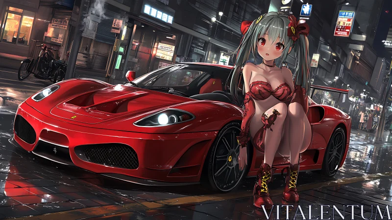 Red sports car and anime girl in glossy night city street