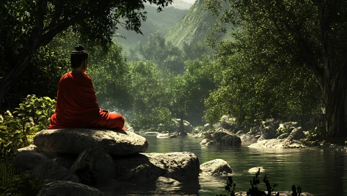 Meditating monk in red robe overlooks tranquil forest river