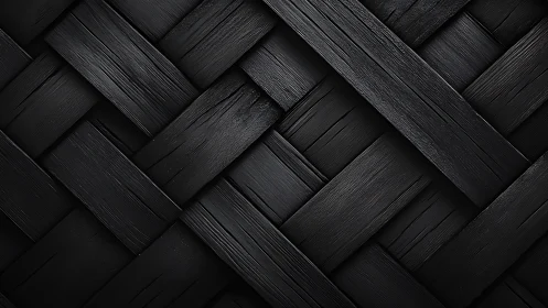Interwoven black wooden planks form a dense geometric grid