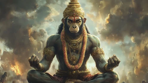 Storm crowned simian sage in molten sky meditation.