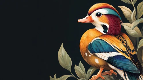 Vibrant mandarin duck digital painting with botanical accents.