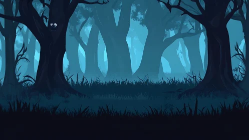 Misty Forest Landscape with Silhouetted Trees and Ethereal Lighting.